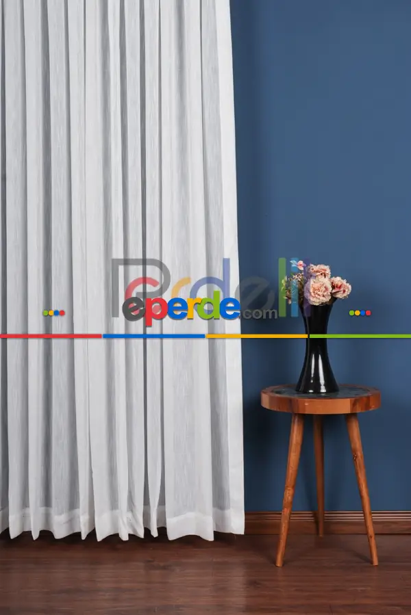 Yeni Sezon Çizgili Ekru Keten Görünümlü Tül Perde
