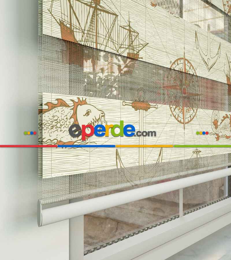 Bebek Odası Zebra Perde - Gemi Ve Pusula Desen Baskılı Zebra Perde- Bej-Turuncu