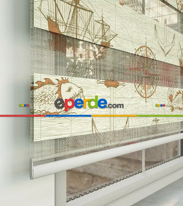 Bebek Odası Zebra Perde - Gemi Ve Pusula Desen Baskılı Zebra Perde- Bej-Turuncu