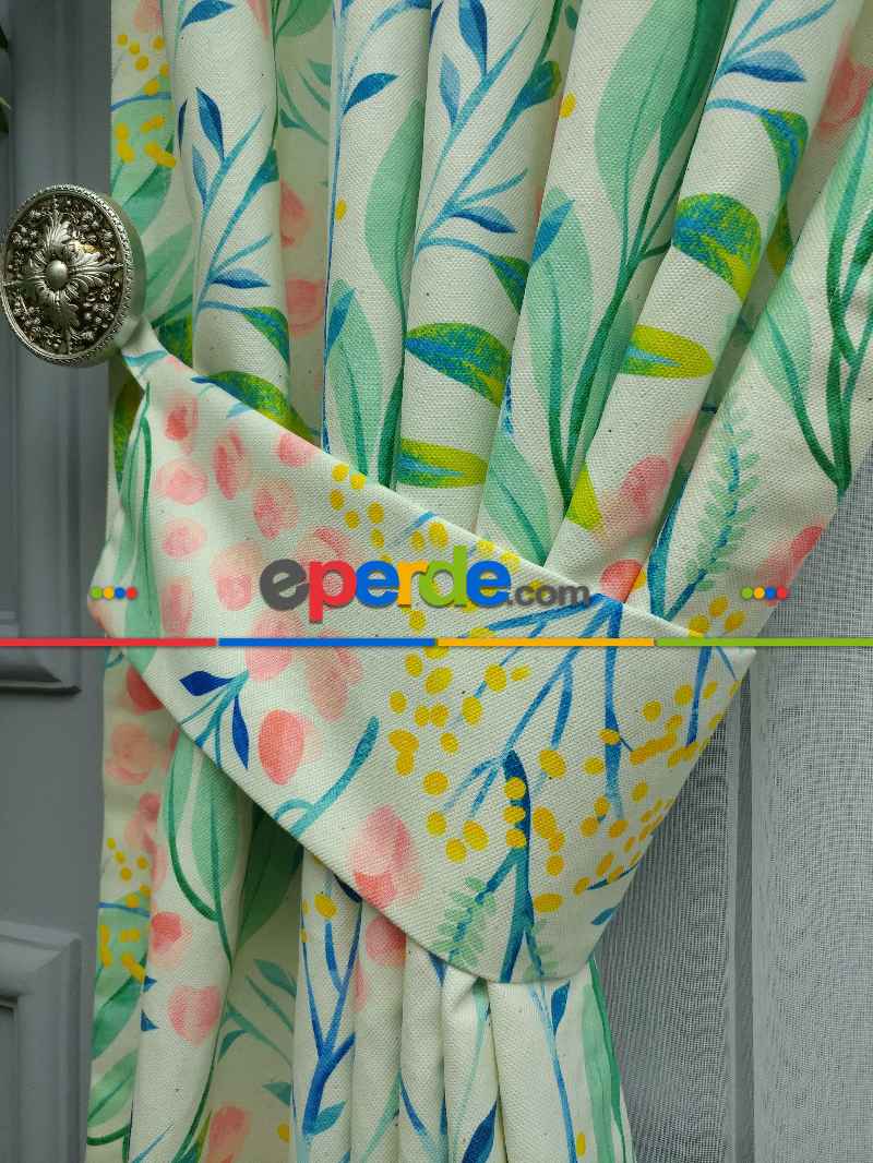 Mutfak Perdesi Kanat Fon Perde Çiçek Desenli- Yeşil