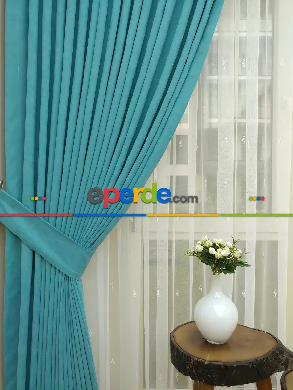 Açık Petrol Düz Sade Fon Perde Dökümlü ( Dökümlü Fon )- Petrol Mavisi