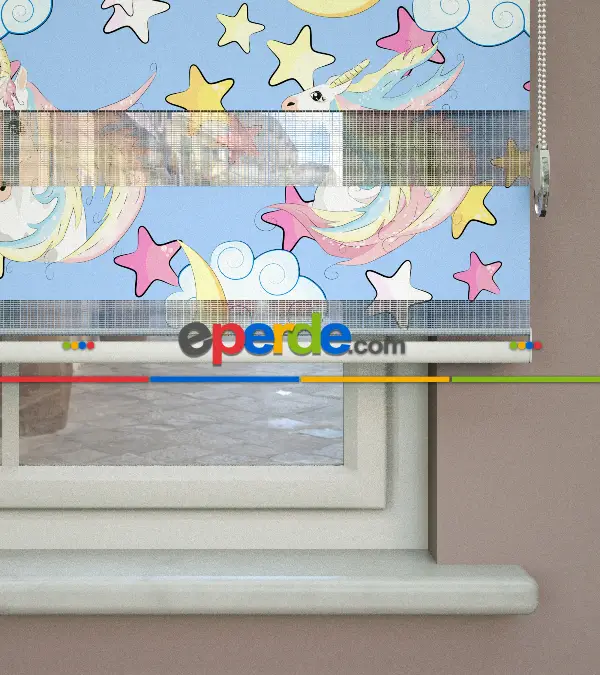 Unicorn Desenli Baskılı Zebra Perde- Çok Renkli
