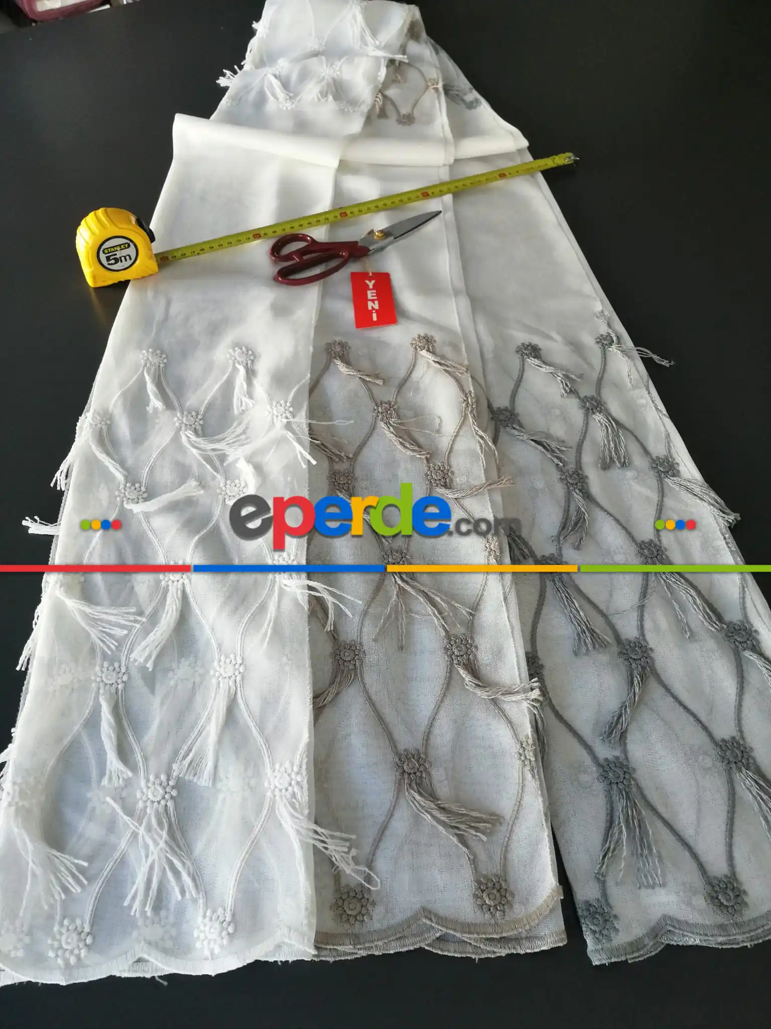 Salon - Yeni Sezon Fantazi Brode Bambu Zemin Tül Perde - 3 Renk Seçenekli