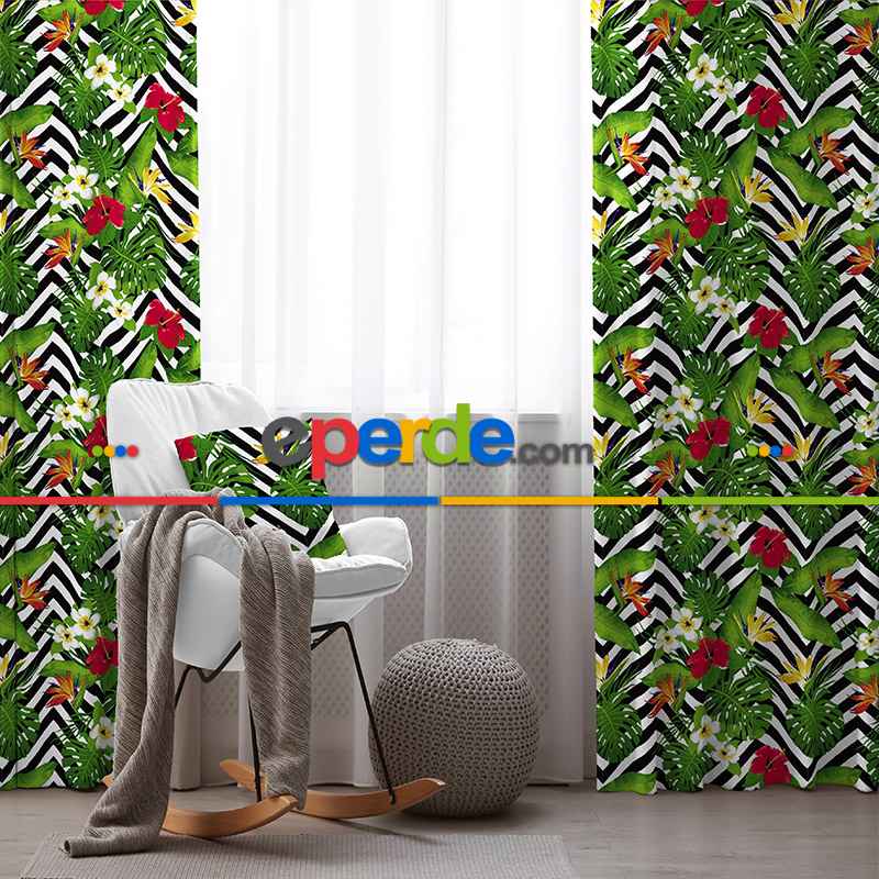 Yaprak Desenli Fon Perde Evim K-520 Kumaşı Kalındır Duck Bezi Değildir