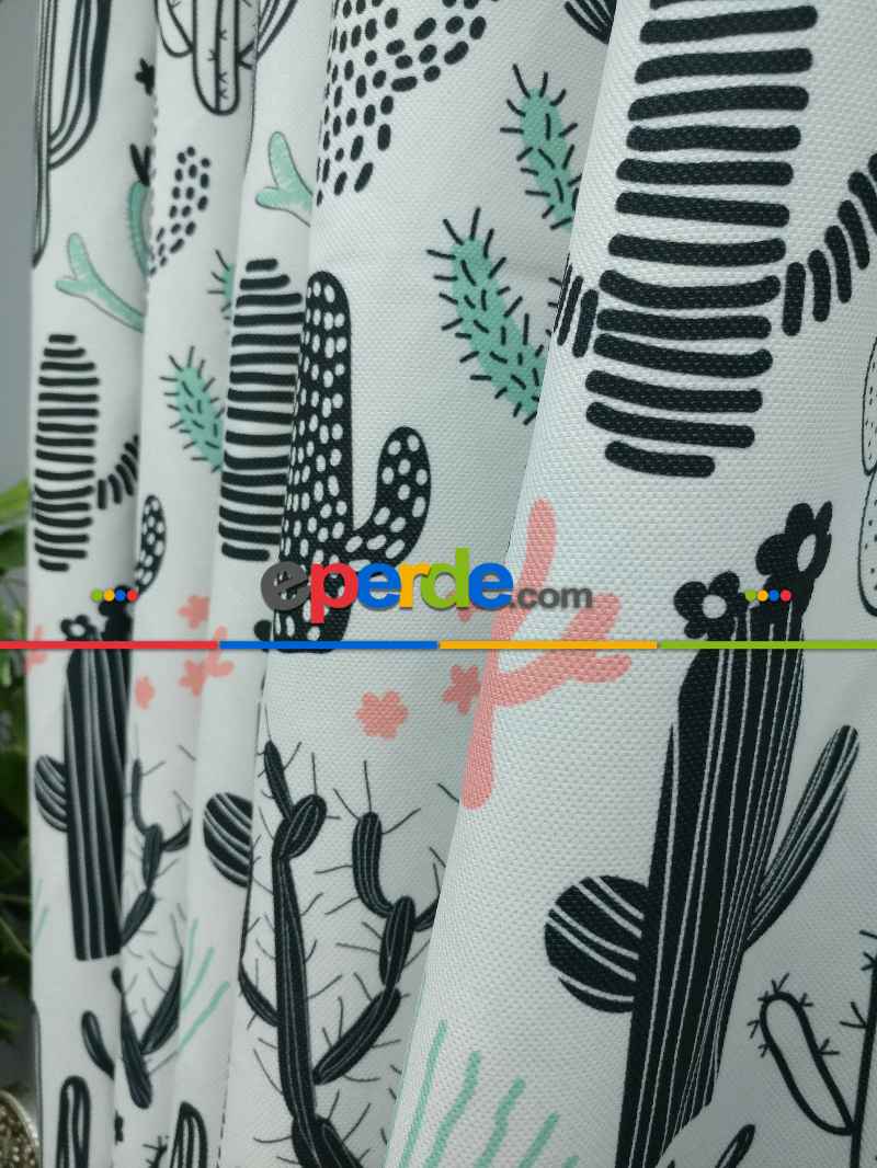 Kaktüs Desenli Fon Perde Evm694 Kumaşı Kalındır Duck Bezi Değildir- Siyah-Beyaz