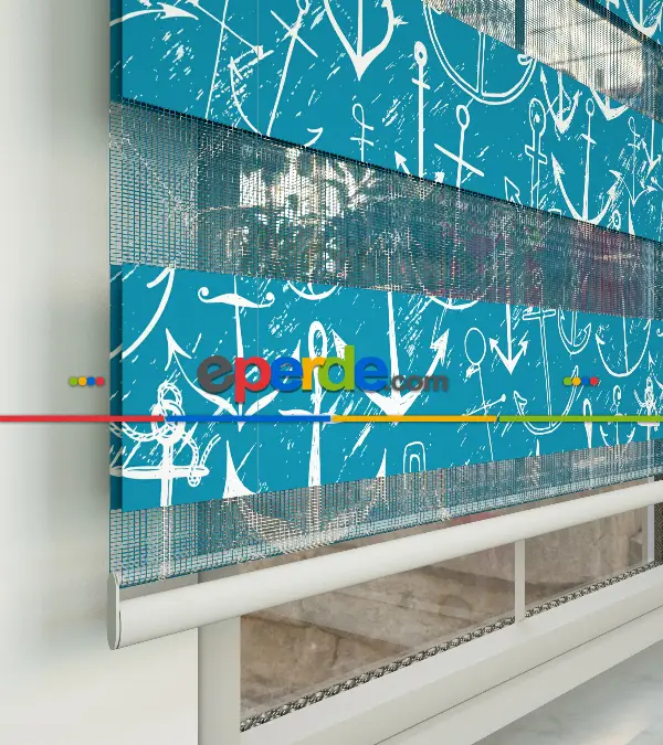 Bebek Odası Zebra Perde - Çapa Baskılı Zebra Perde- Mavi-Beyaz