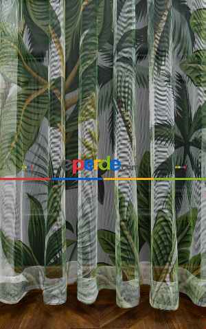 Hazır Ölçülü Petek Zemin Yeşil Renkli Yapraklar Desenli Grek Baskılı Tül Perde