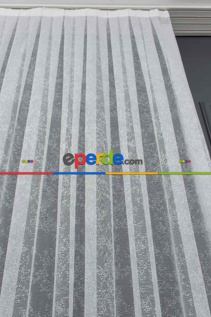 Eteği Bantlı Örme Tül - Ekru Renk Yüksek Kalite