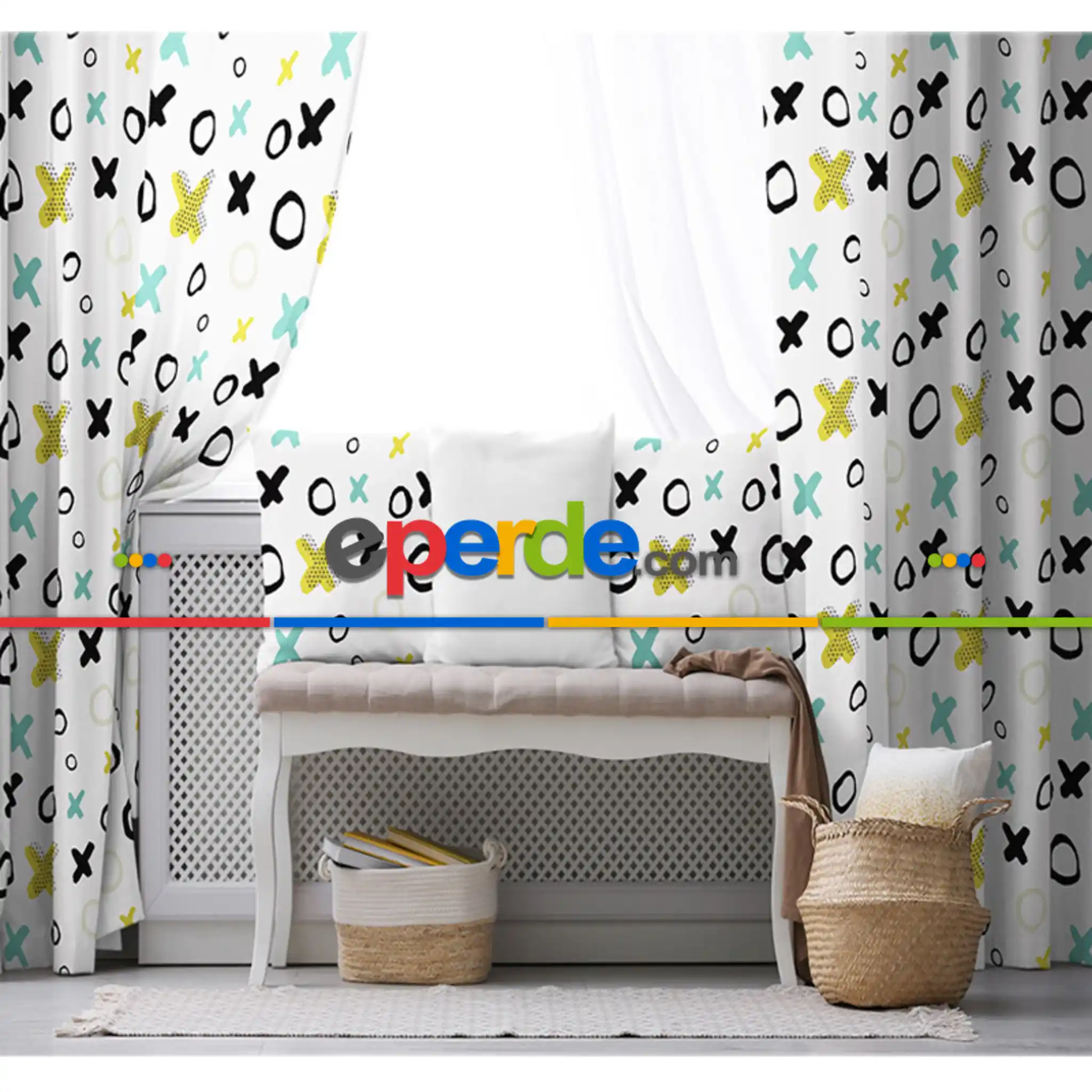 Çocuk Odası - Oturma Odası Fon Perde Evim996 Kumaşı Kalındır Duck Bezi Değildir- Mavi-beyaz