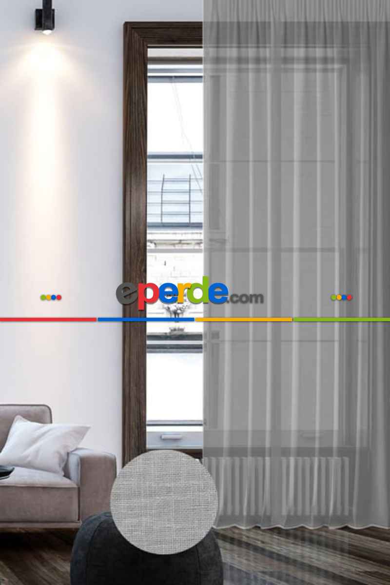 Keten Görünümlü Düz Tül Perde Pilesiz Gri