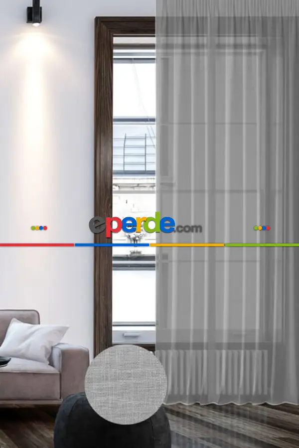 Keten Görünümlü Düz Tül Perde Pilesiz Gri