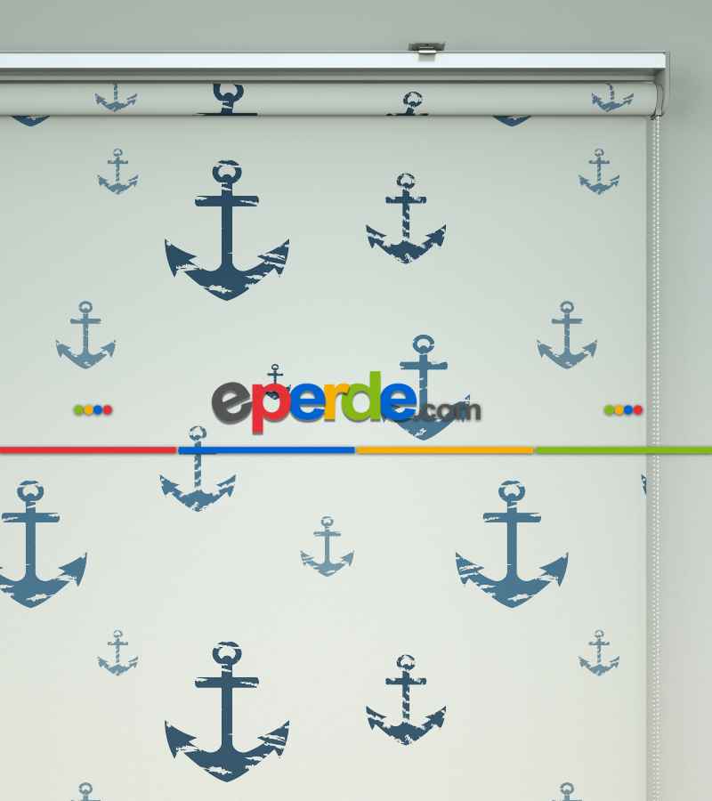 Çapa Desenli Baskılı Stor Perde- Mavi-gri-füme-antrasit-ekru