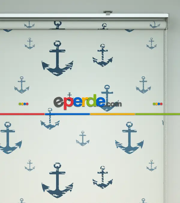 Çapa Desenli Baskılı Stor Perde- Mavi-gri-füme-antrasit-ekru