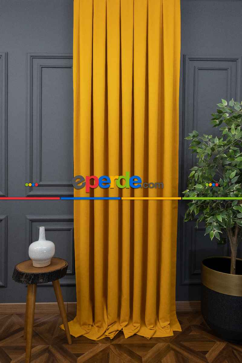 Salon - Sarı Rengi Düz Fon Perde Dökümlü Fon Perde