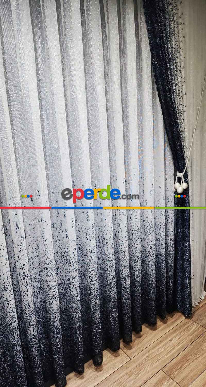 Mutfak - Lacivert Püskürtme Tül Fon Perde