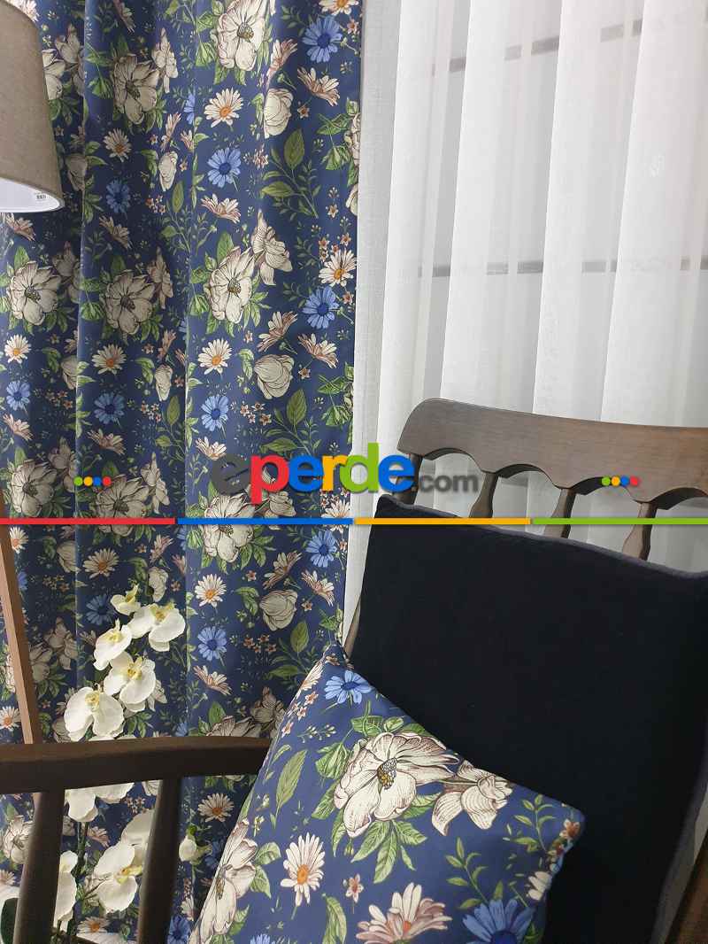 Salon Fon - Çiçek Desenli Fon Perde Evm1073 Kumaşı Kalındır Duck Bezi Değildir