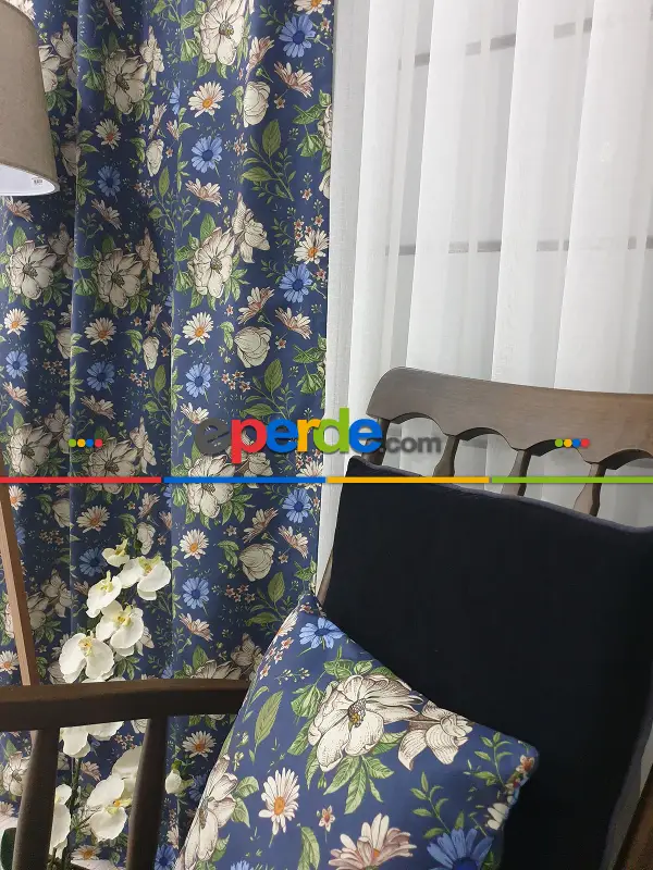 Yatak Odası - Çiçek Desenli Fon Perde Evm1073 Kumaşı Kalındır Duck Bezi Değildir- Siyah-beyaz