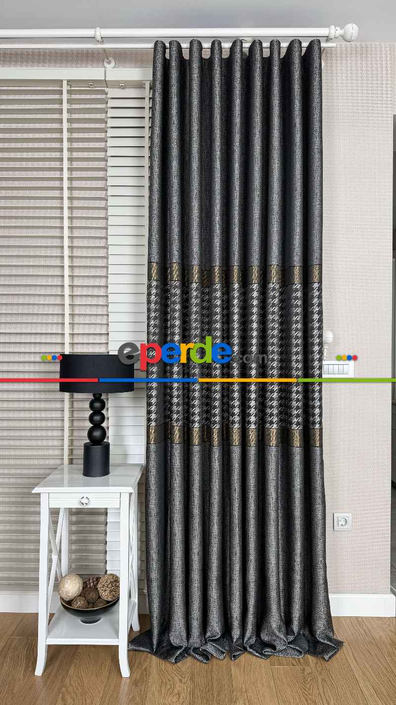 Antrasit Gri Altın Fon Perde, Pano Kazayağı Desenli Jakar Dokuma Fon Perde