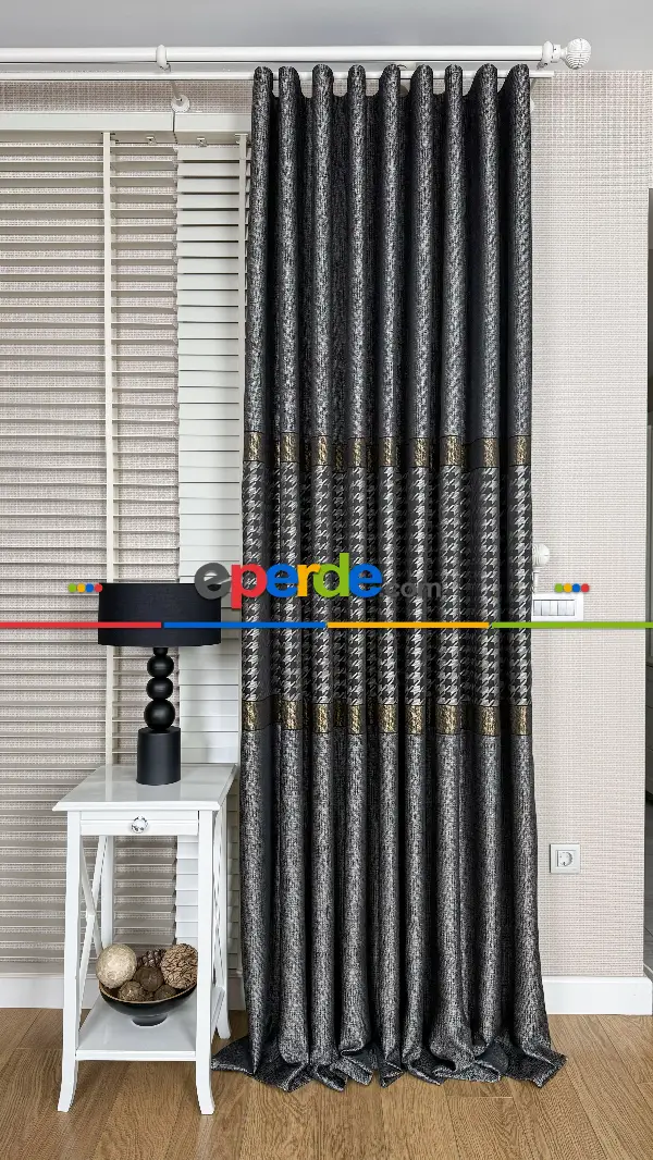 Antrasit Gri Altın Fon Perde, Pano Kazayağı Desenli Jakar Dokuma Fon Perde