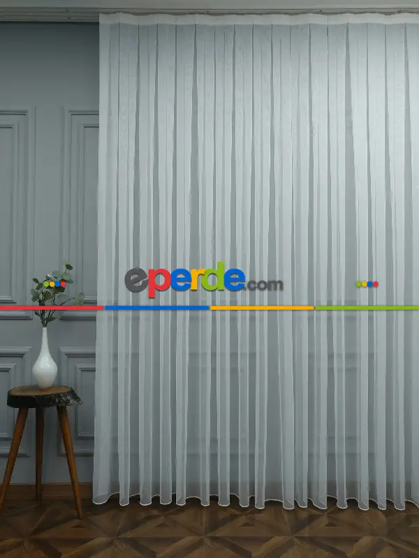 Salon - Düz Buzlu Zemin Tül - Keten Efektli İplikten Ekru Tül - Ütü İstemez- Ekru