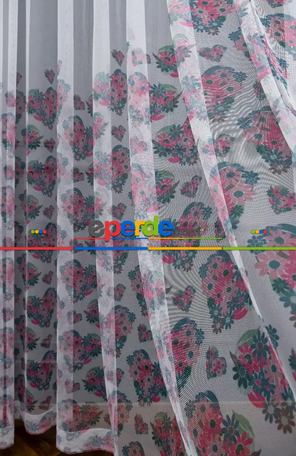 Hazır Ölçülü Petek Zemin Pembe Renkli Kalpli Ve Çiçek Desenli Grek Baskılı Tül Perde 190cm X 255cm 