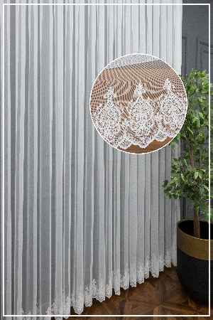 Grek Zemin Üzerine Eteği Kabartma Nakış İşlemeli Tül Perde Ekru