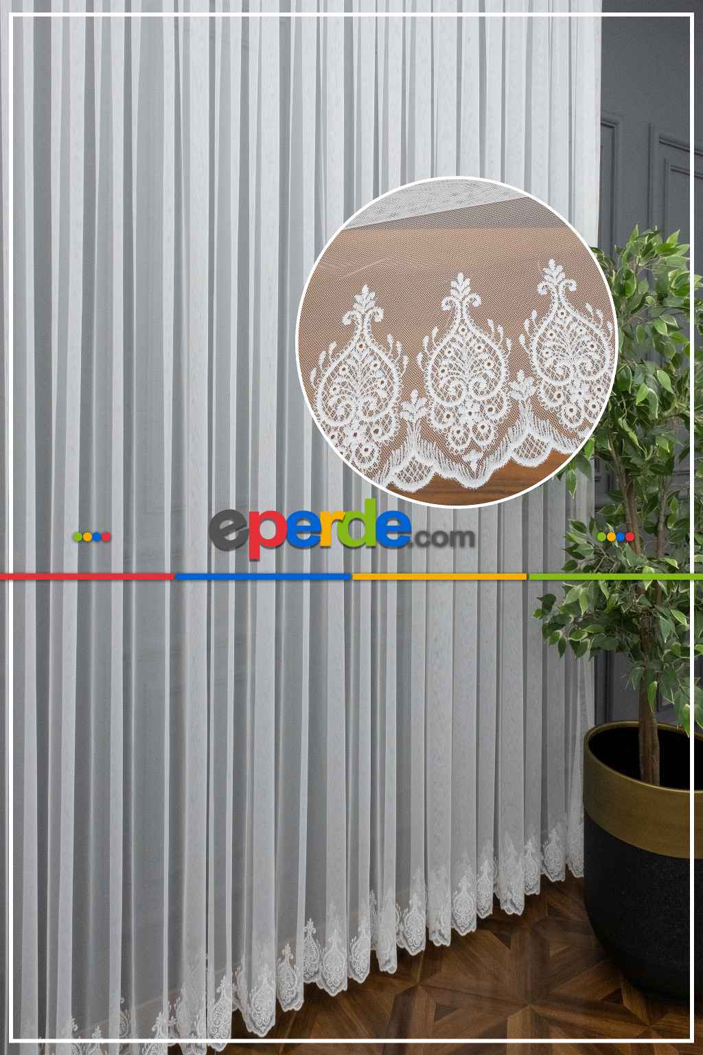 Grek Zemin Üzerine Eteği Kabartma Nakış İşlemeli Tül Perde Ekru