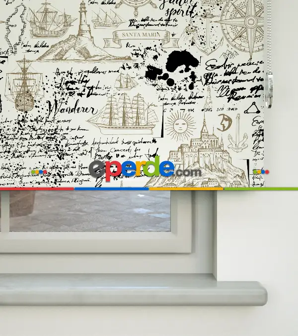 Denizci Desenli Baskılı Stor Perde- Siyah-ekru-kahve