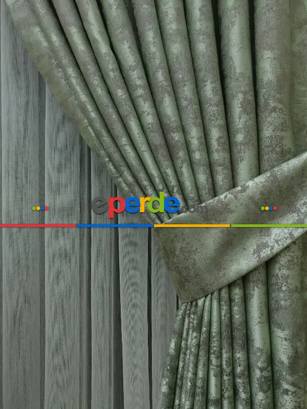 Su Yeşili Renk Jakar Desenli Fon Perde- Su Yeşili