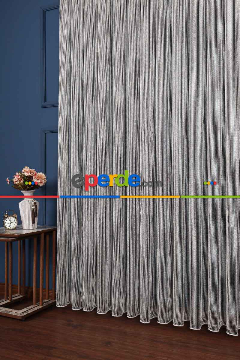 Salon Tül Modelleri - Luka Ekru-siyah Düz Tül Perde Ütü İstemez