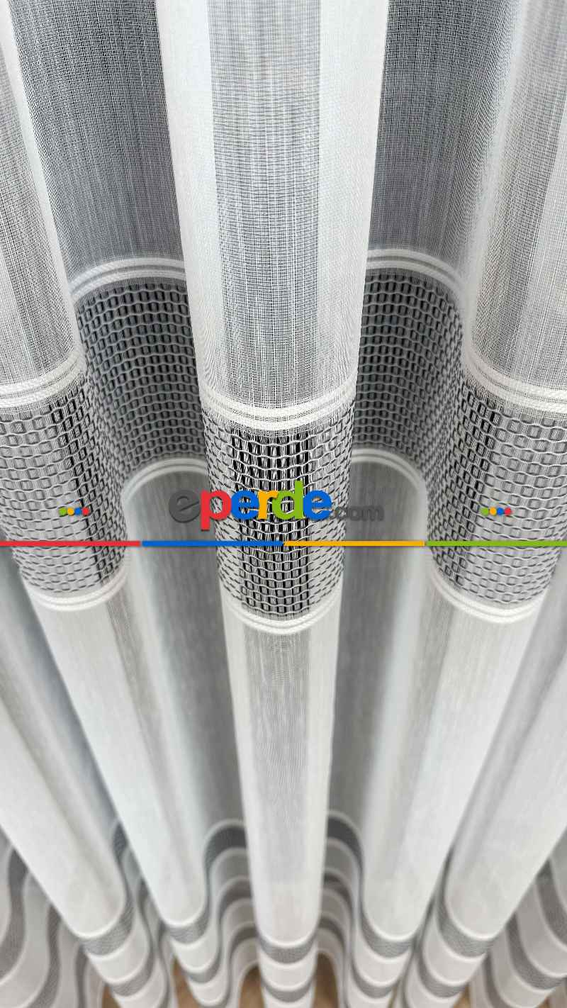 Yatak Odası - Gri Beyaz Bambu Bantlı Düz Tül Perde