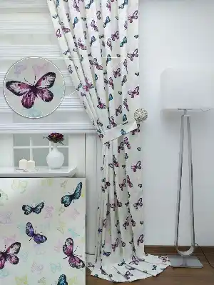Kelebek Desenli Çocuk Odası Fon Perde ( Leke Tutmaz )- Turkuaz-mor-fuşya-hardal Yeşili