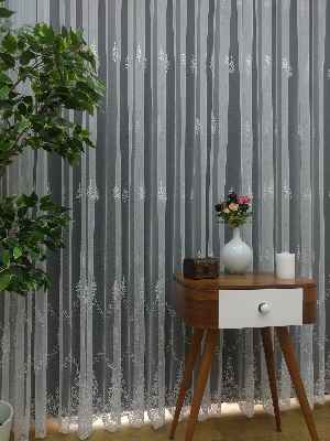 %60 İndirimli - Nakış İşlemeli Desenli Tül Perde - Ütü İstemez- Ekru