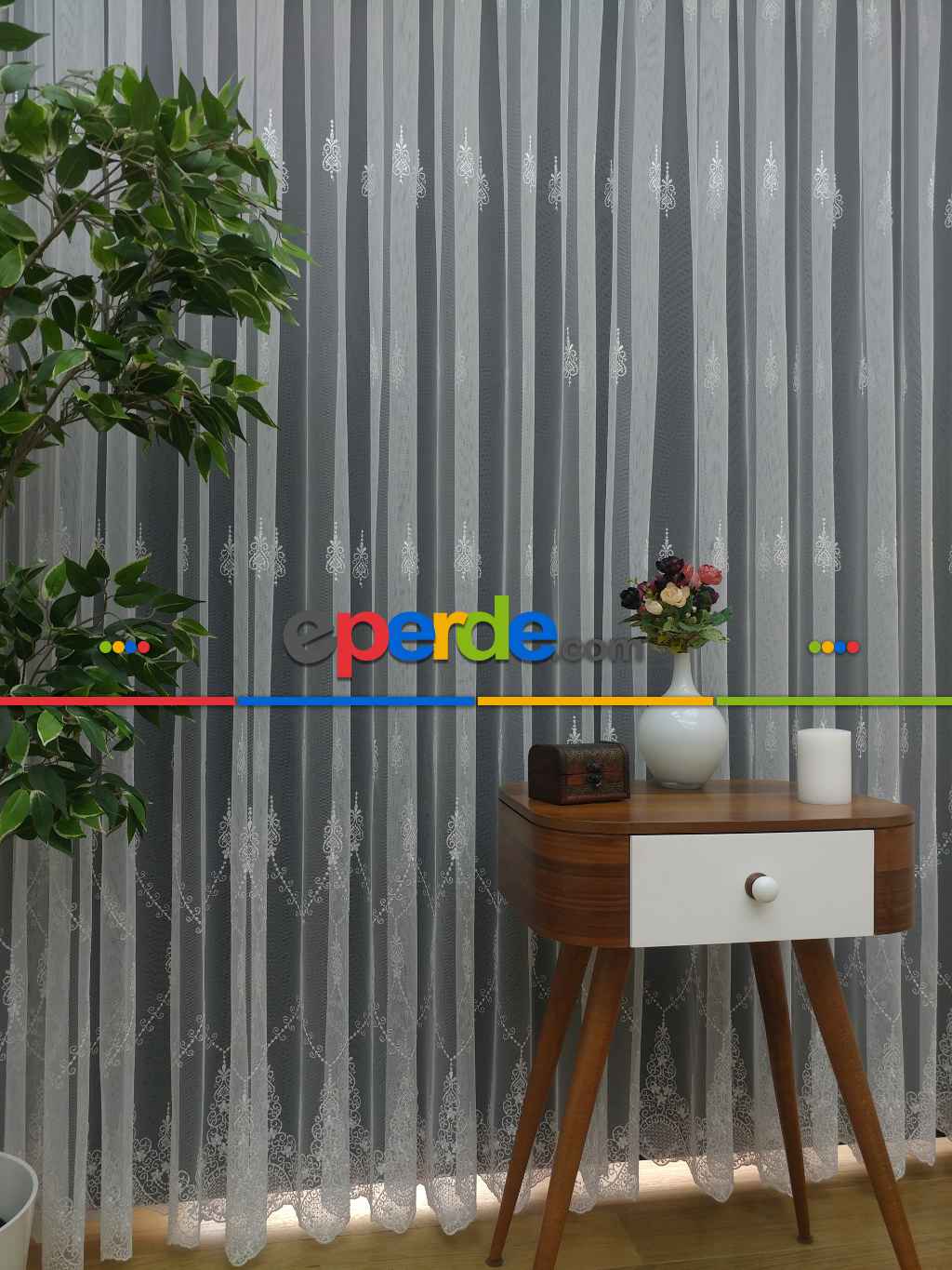 %60 İndirimli - Nakış İşlemeli Desenli Tül Perde - Ütü İstemez- Ekru