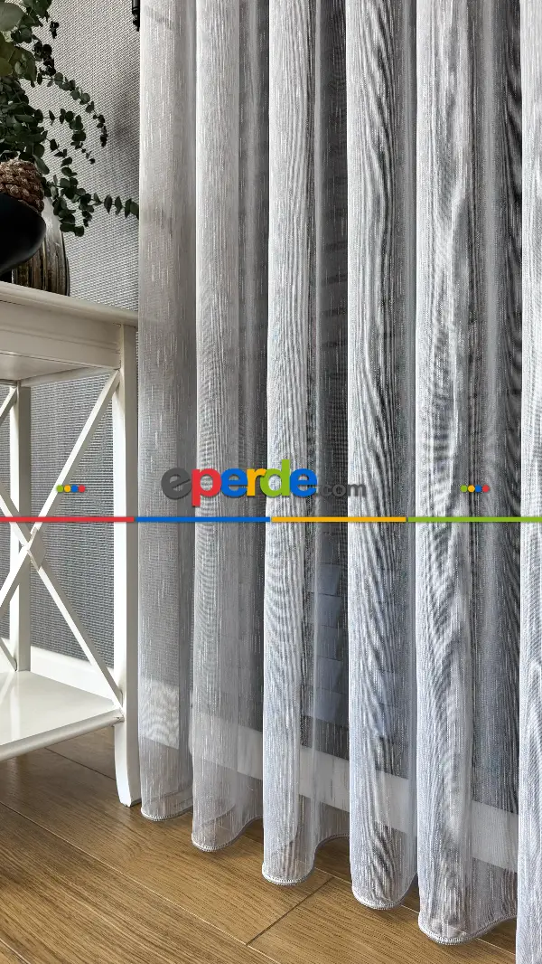 Bebek Odası Tül Perde - Açık Gri Çizgili Naturel Keten Düz Tül Perde - Premium Kalite Serisidir, Eteği Kurşunlu Tül