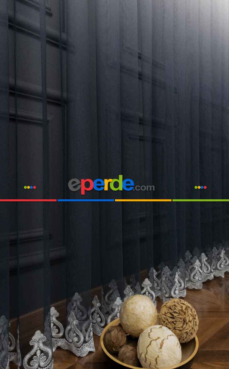 Antrasit Gri Renk Geçişli Etek Nakışlı Degrade Tasarım Tül Perde