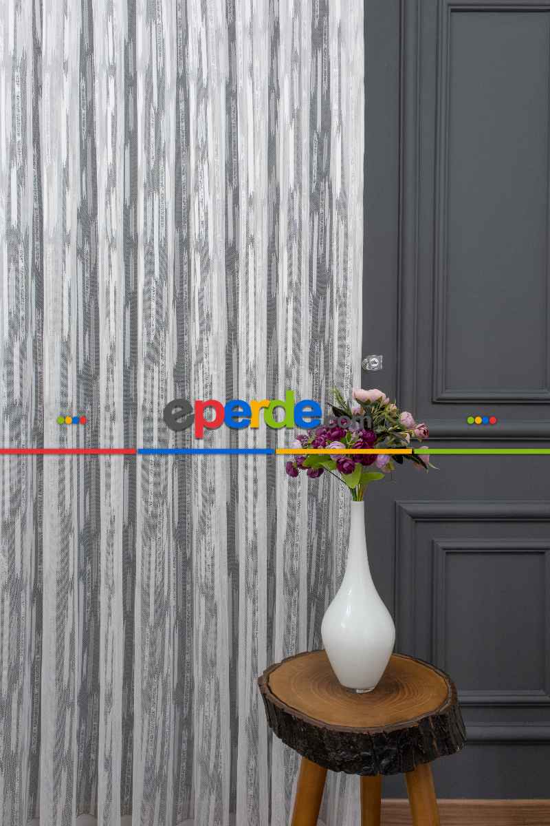 Oturma Odası - Çizgili Modern Desen Örme Tül - Ekru