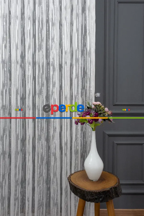 Çizgili Modern Desen Örme Tül - Ekru