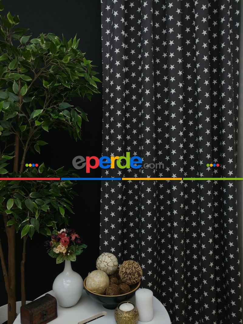 Siyah-beyaz Yıldız Desenli Fon Perde ( Leke Tutmaz )- Siyah-beyaz