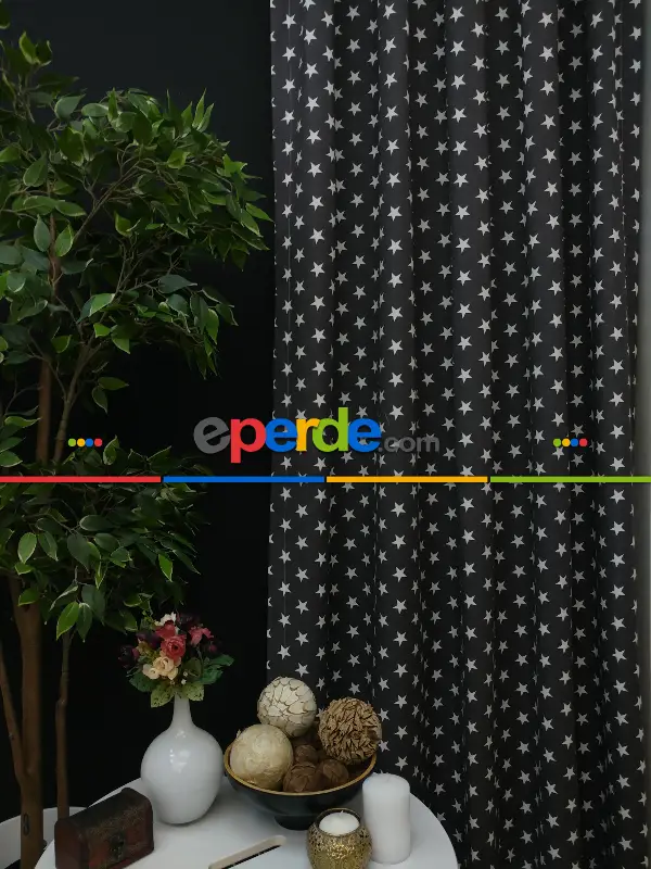Siyah-beyaz Yıldız Desenli Fon Perde ( Leke Tutmaz )- Siyah-beyaz