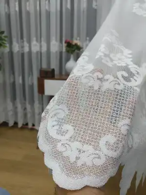 ( Orjinal ) Taç Damask Serpme Desen Salon Fransız Dantel Tül Perde & Kruvaze Perde- Krem