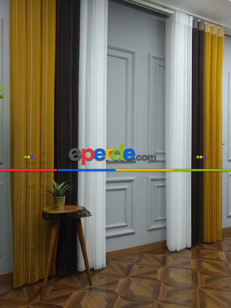 Lens Akıllı Dikey Tül Perde 117- Beyaz-kahve Koyu-hardal