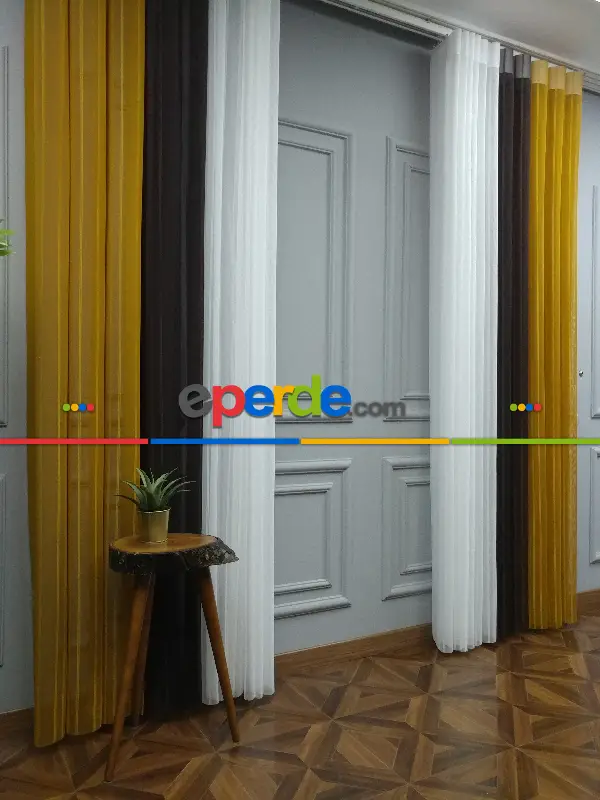 Lens Akıllı Dikey Tül Perde 117- Beyaz-kahve Koyu-hardal