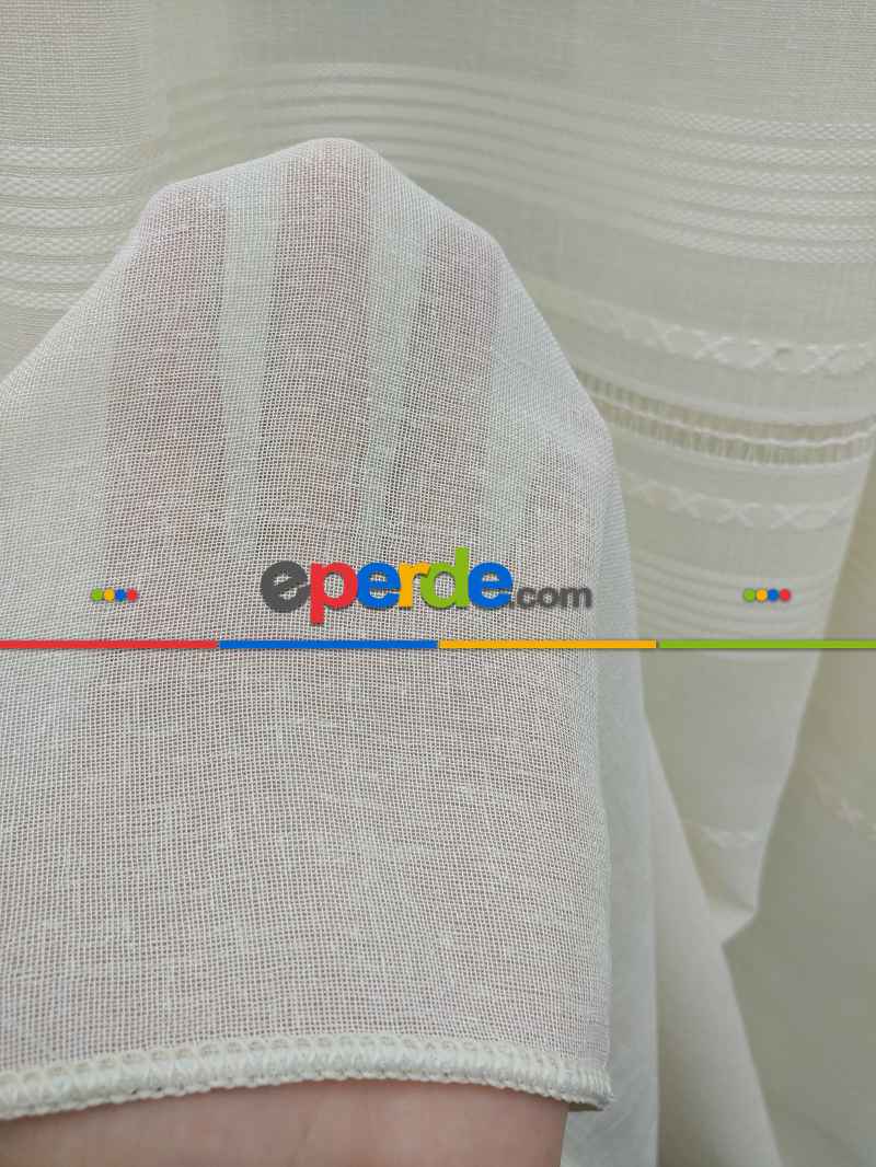 Krem - Keten Tül Perde- Krem - Kurşunlu Tül