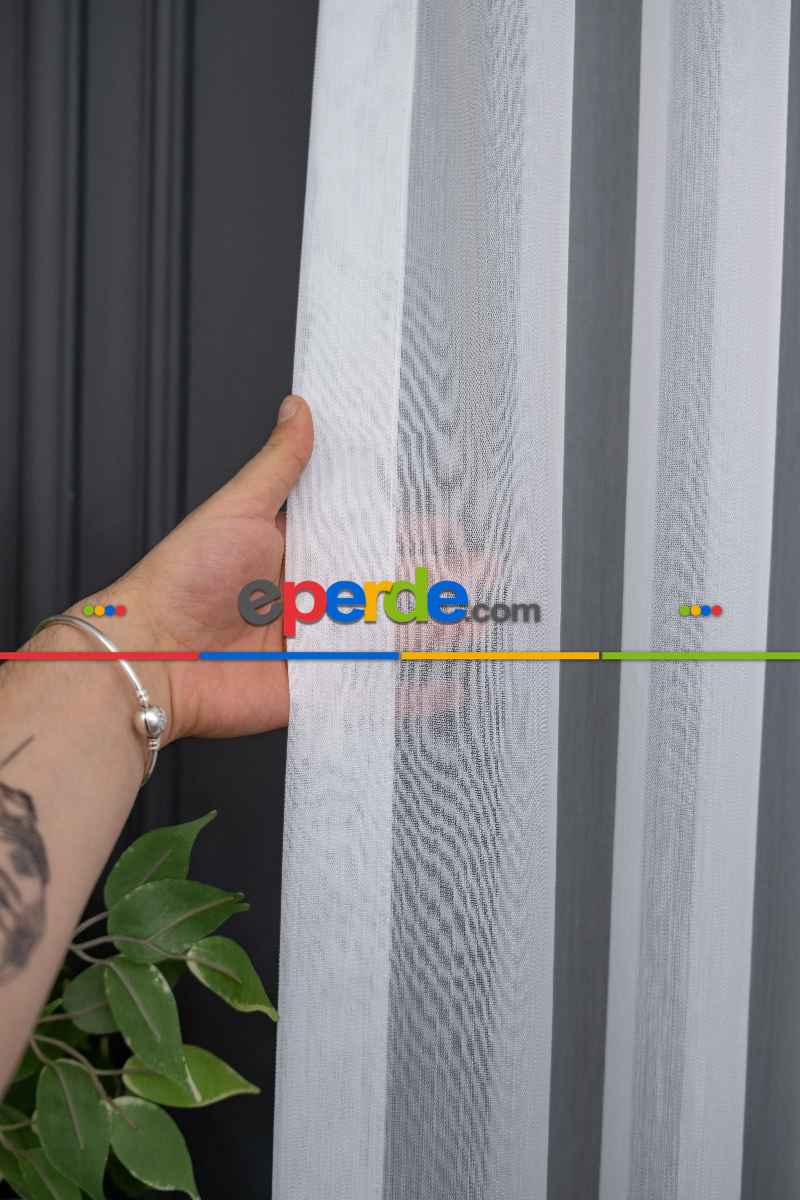 Çizgili Ekru Renkli 1.sınıf Kalite S Pile Bambu Tül Perde