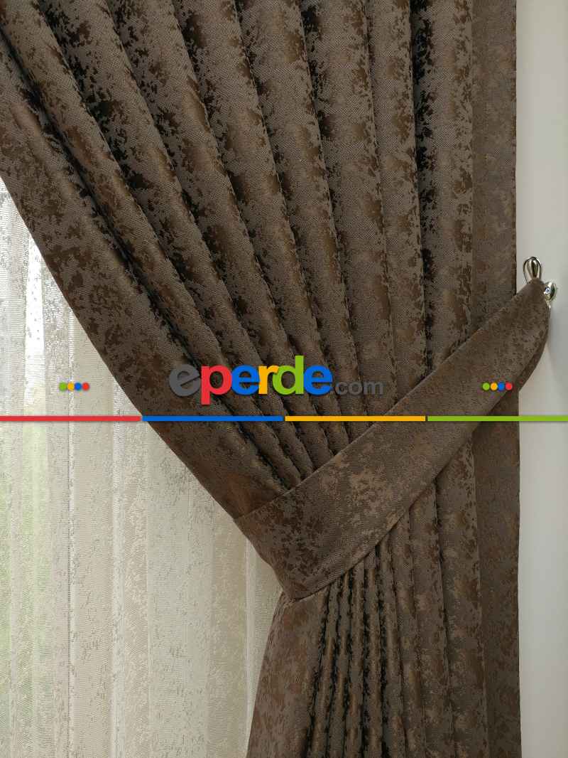Kahverengi Düz Jakar Fon Perde - Sütlü Kahve