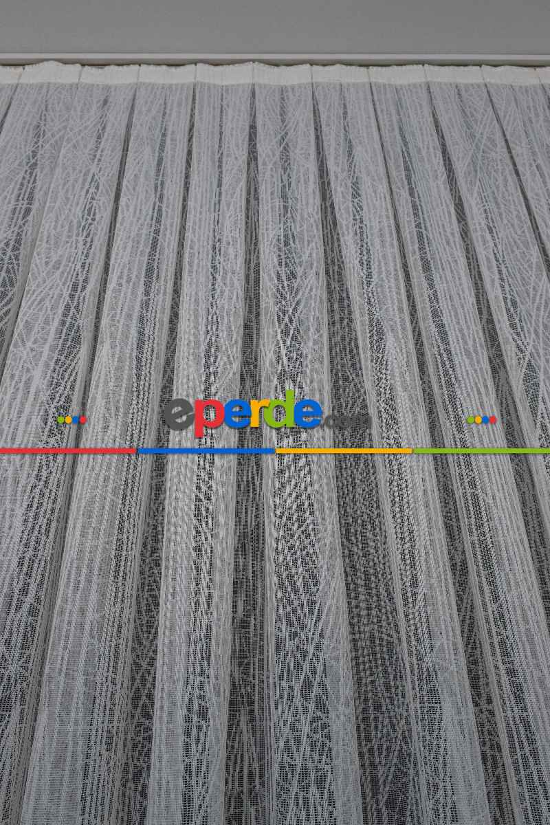 Desenli Tül Perde - Fransız Dantel Örme Tül - Geometrik Çizgili Tül - Spor Desenli Tül - Ütü İstemez- Ekru Açık Krem