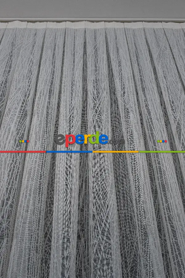 Mutfak Desenli Tül Perde - Fransız Dantel Örme Tül - Geometrik Çizgili Tül - Spor Desenli Tül - Ütü İstemez- Ekru Açık Krem