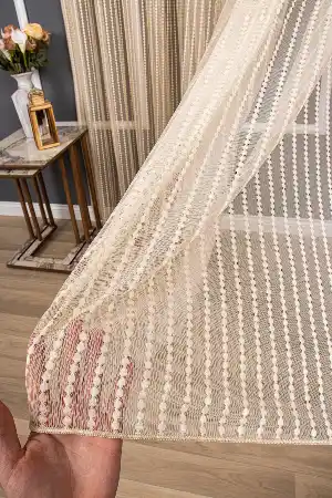 Boncuk Çizgili Örme Bej Düz Tül Perde Pa 7079 - Kurşunlu Tül