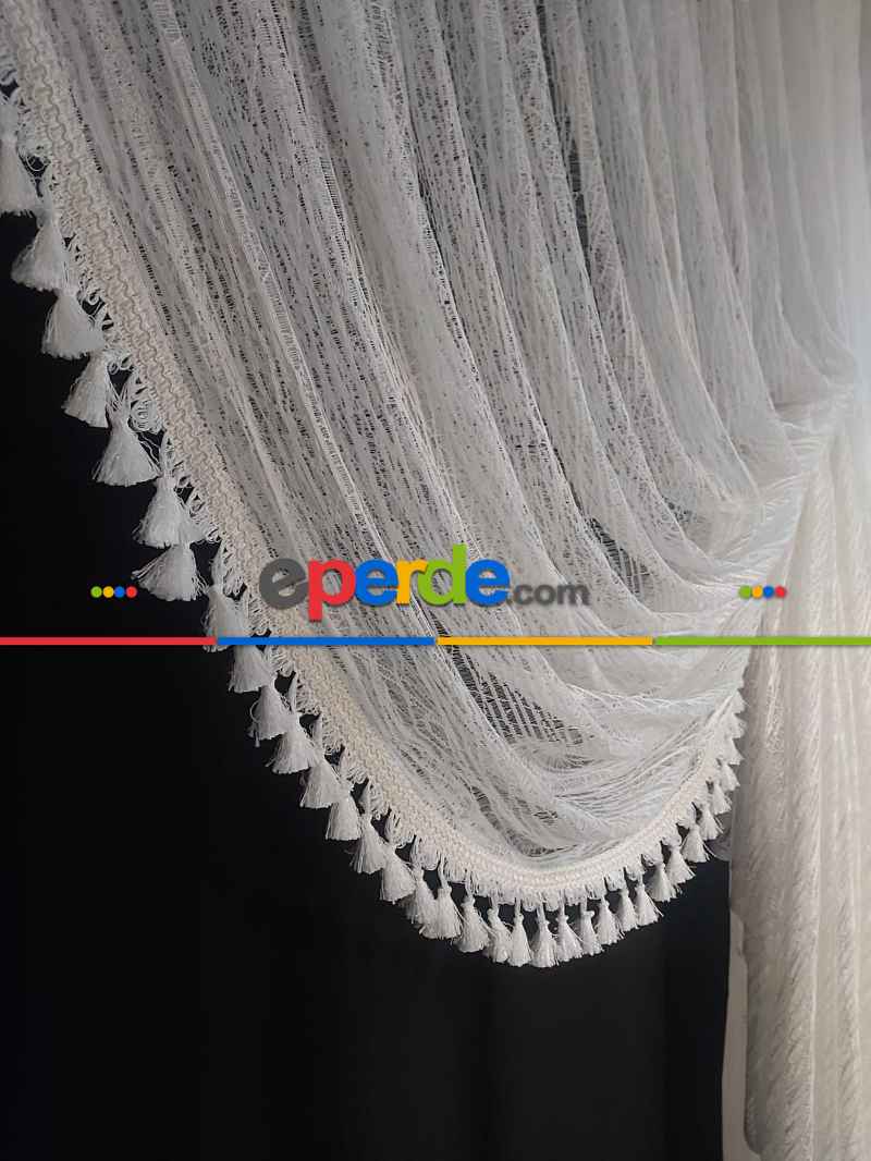 Saçaklı Püsküllü Camkırığı Desenyanki Kruvaze Tiyatro Model- Beyaz-ekru